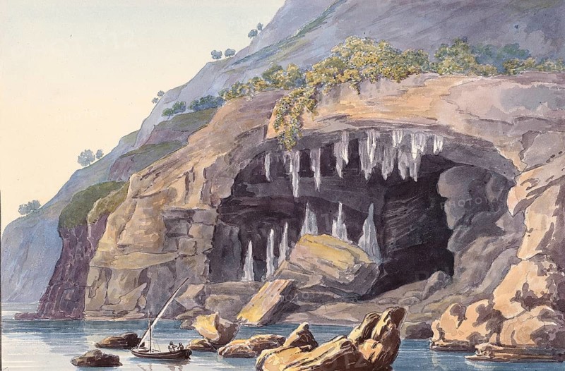 Cave, grotto at Cabo de San Antonio, Cap de Sant Antoni, cape in the south-east of Spain, digital reproduction of a painting by Charles Hamilton Smith (1776-1859), historical