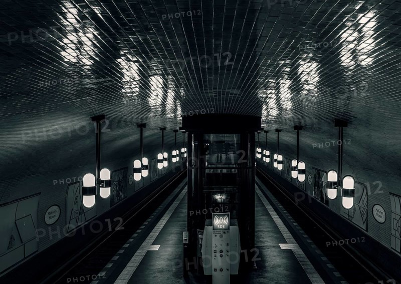 Black and white photograph, interior shot, Märkisches Museum underground station, Berlin, Germany, Europe