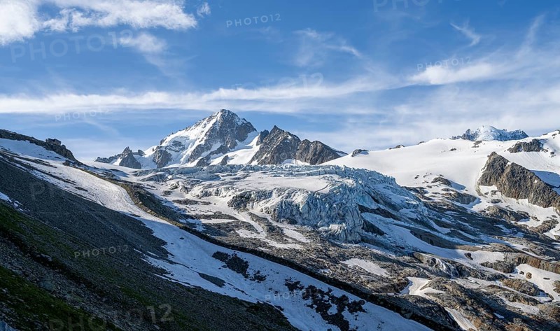 High alpine mountain landscape, summit of the Aiguille de Chardonnet and Glacier du Tour, glaciers and mountain peaks, Chamonix, Haute-Savoie, France, Europe