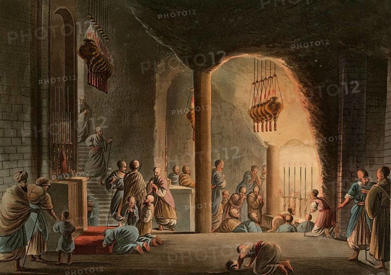 Historical Palestine, Underground church in Bethlehem, Historical, digitally restored reproduction from an early 19th century original, date unknown