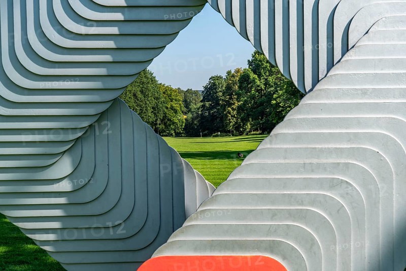 The Grugapark, Essen, botanical garden, park for leisure and recreation, artwork Layering, at the Tummelwiese, North Rhine-Westphalia, Germany, Europe