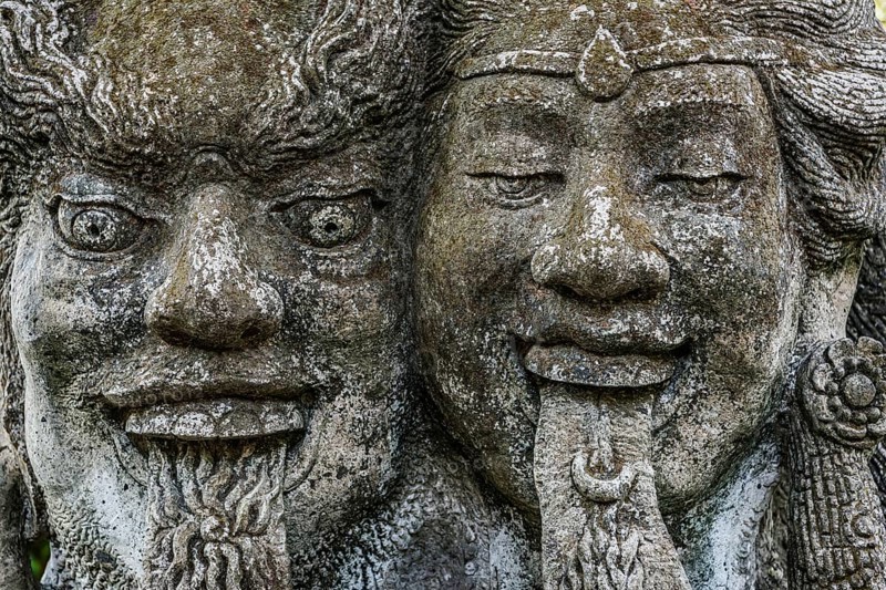 Temple figure, couple, woman, man, Hinduism, tongue, long, outstretched, facial expression, stone, stone figure, temple, religion, world religion, god, grimace, sculpture, art, culture, figure, deity, icon, decoration, believer, faith, sculpture, fantasy, art figure, praying, representation, religious, journey, spirituality, traditional, meditation, mythology, sacred, Asian, abstract, wisdom, image, depiction, decorated, tradition, sacred monkey forest, Bali, Indonesia, Asia