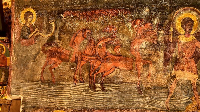 Antique fresco with depictions of saints, camels and biblical scene, Asklipio village, Asklipion, Kimisis tis Theotokou church, Rhodes, Dodecanese, Greek Islands, Greece, Europe