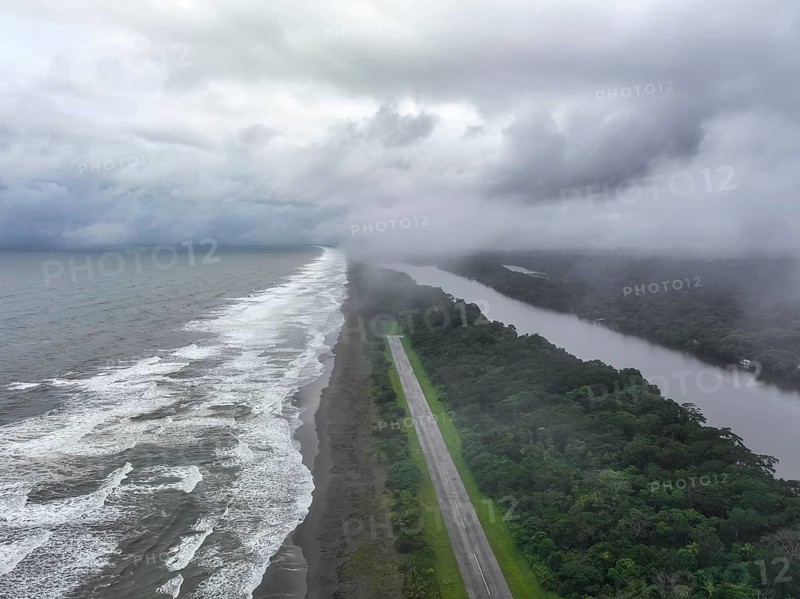 Aerial view, beach and sea, coast with rainforest, Tortuguero National Park, Costa Rica, Central America