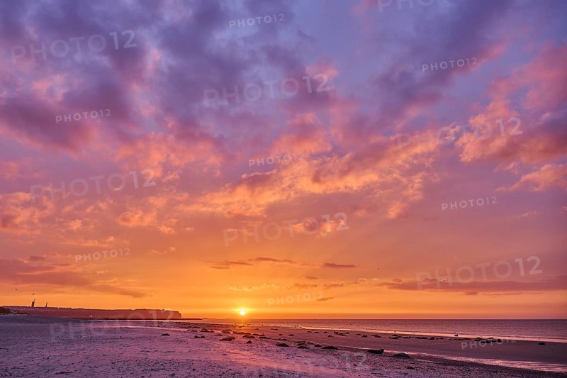 Colorful sunset on the beach with Grey seal (Halichoerus grypus) lying lying on it, Düne, Helgoland, Schleswig-Holstein, Germany, Europe