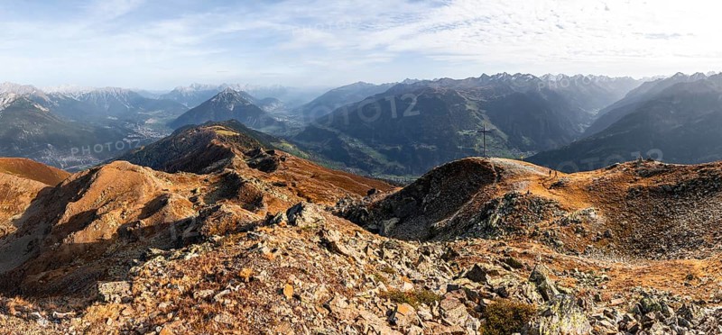 Mountain panorama at Kreuzjoch summit, view of Tschirgant summit and the Oberinntal valley and into the Pitztal valley, in autumn, Venet crossing, Ötztal Alps, Tyrol, Austria, Europe