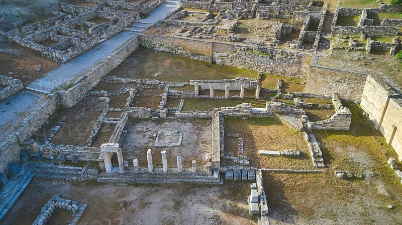 Drone shot, first morning light, Ancient ruins with structural remains in an archaeological site in daylight, Kamiros, Archaeological site, Ancient city, Foundation of Doric Greeks, Rhodes, Dodecanese, Greek Islands, Greece, Europe