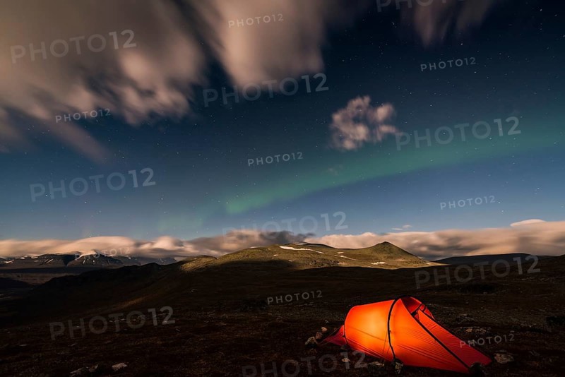 Tent in mountain landscape, Sarek National Park, World Heritage Laponia, Norrbotten, Lapland, Sweden, night shot, lighting, Scandinavia, Europe