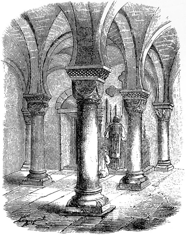 Crypt under the tower of the church in Göttingen, Germany, columns, vault, altar, church construction in the Christian Middle Ages, 9th to 15th century, historical illustration 1880, Europe