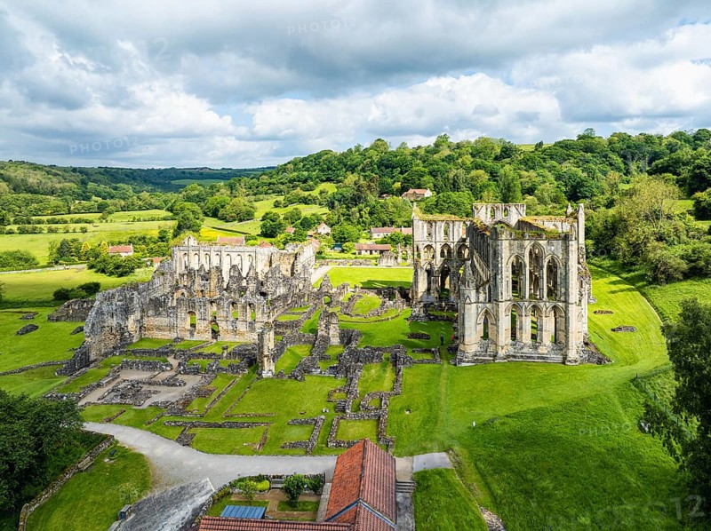 Rievaulx Abbey from a drone, North York Moors National Park, North Yorkshire, England, United Kingdom, Europe