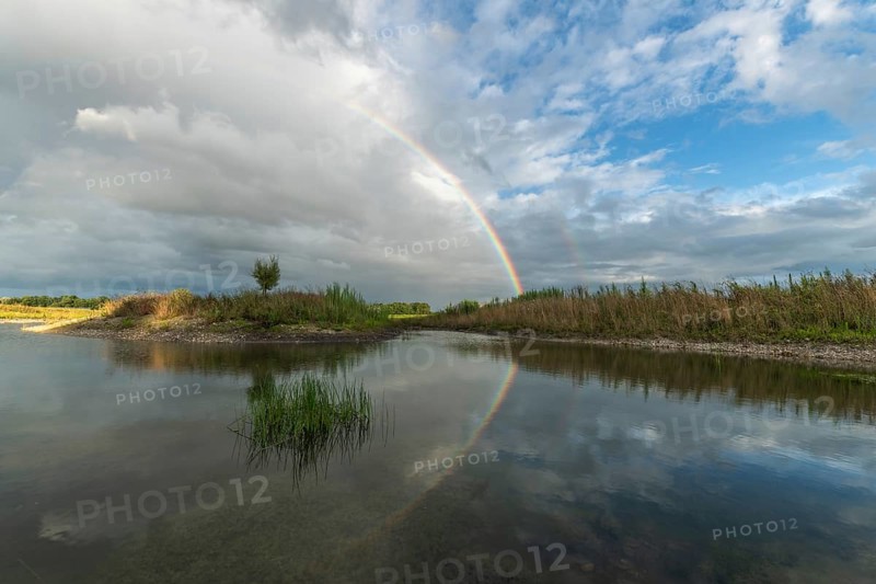 Large double rainbow after a spring storm. Bas-Rhin, Alsace, Grand Est, France, Europe