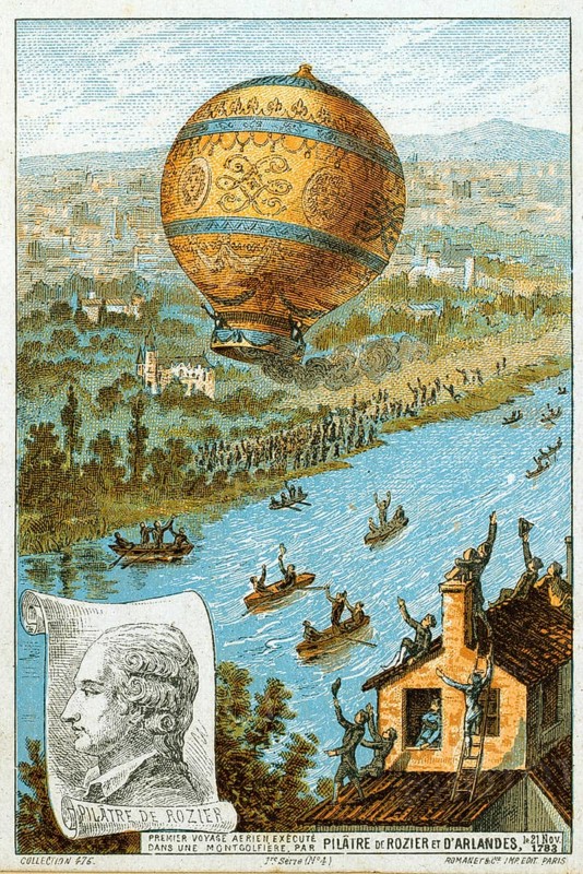 First manned free balloon flight, Pilatre de Rozier and the Marquis dArlandes, 21 November 1783, in a Montgolfier (hot air) balloon from the Bois de Boulogne, Paris, France, 9 km in 25 minutes. Aviation Aviation Ballooning, Europe