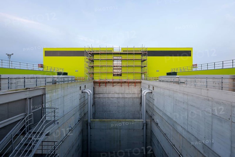 Oberhausen, Ruhr area, North Rhine-Westphalia, Germany - Emscher conversion, new Emscher AKE sewer, here the new Oberhausen pumping station, the ecological conversion of the Emscher system consists of the construction of a central wastewater treatment system in the Ruhr area, the construction of sewers and the renaturalisation of the Emscher and its tributaries