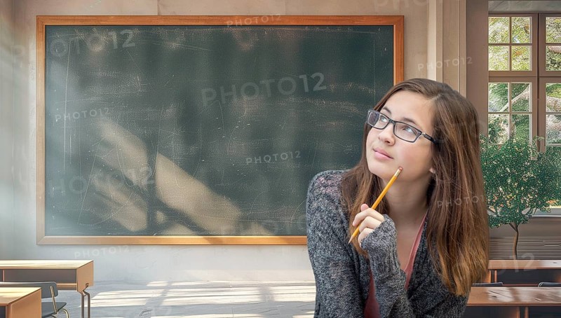 Young female student with pencil in her classroom glancing toward the blank chalkboard ready for your text