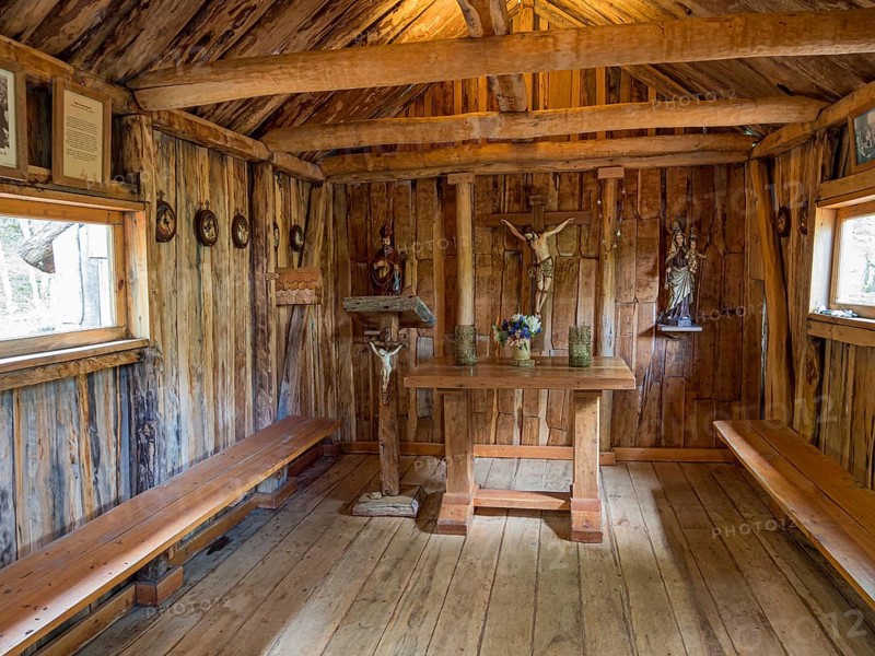 Interior of wooden chapel built by padre Ronchi, near Villa o' Higgins, Patagonia, Chile, South America