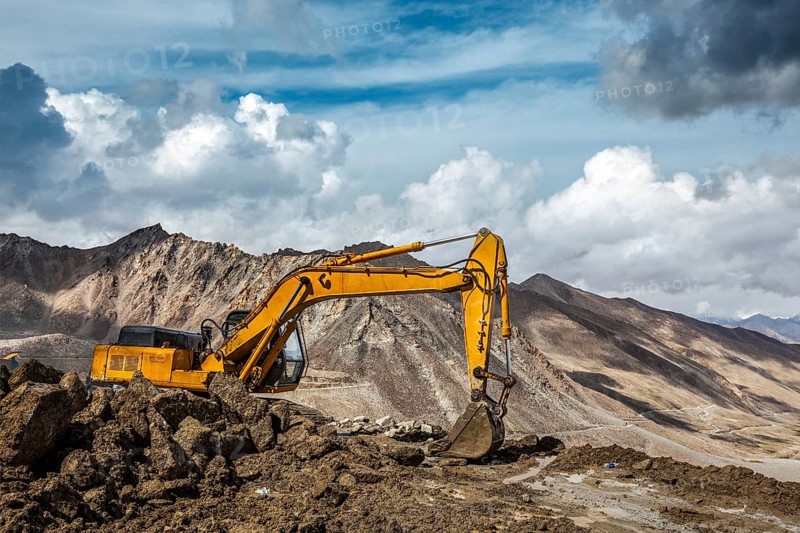 Road construction repair in mountains Himalayas. Ladakh, India, Asia