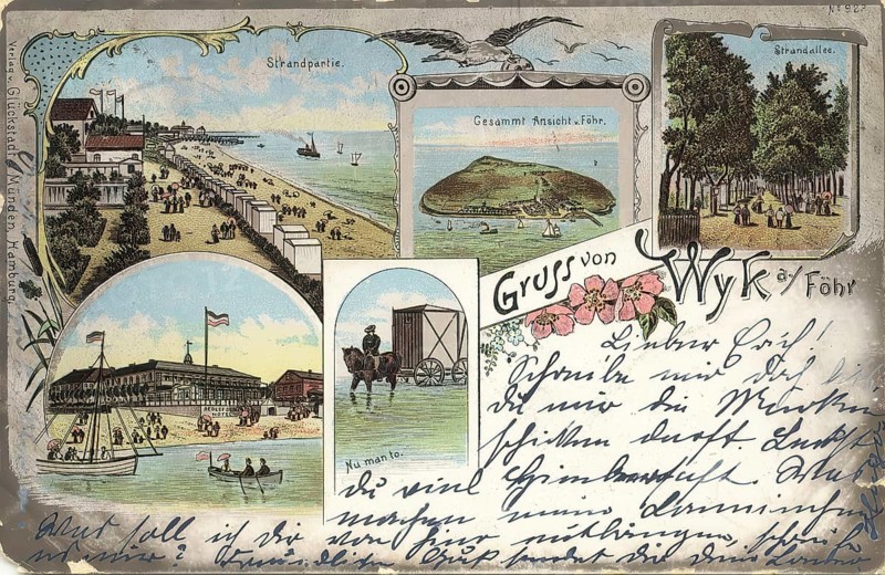 Historical postcard, picture postcard, beach life in Wyk auf Föhr, North Frisia, Schleswig-Holstein, Germany, digitally enhanced reproduction of an original from around 1900, picture postcard, Europe