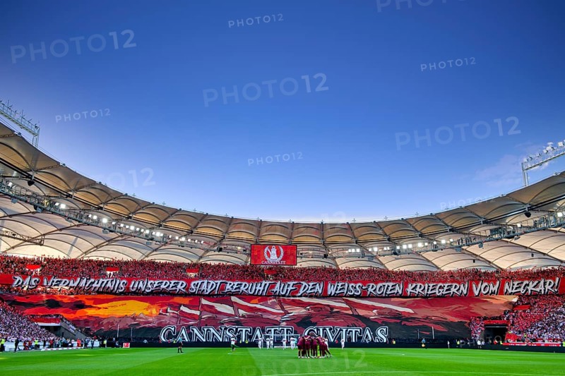 Long shot, overview, choreo, choreography, fan action recursion to Roman ancestors and warriors, atmospheric, Cannstatter Kurve, blue sky, MHPArena, MHP Arena Stuttgart, Baden-Württemberg, Germany, Europe