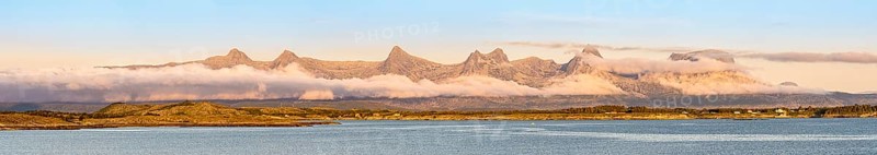 Panorama view of mountain chain 'seven sisters' near Sandnesssjøn, Helgeland, Norway, Europe