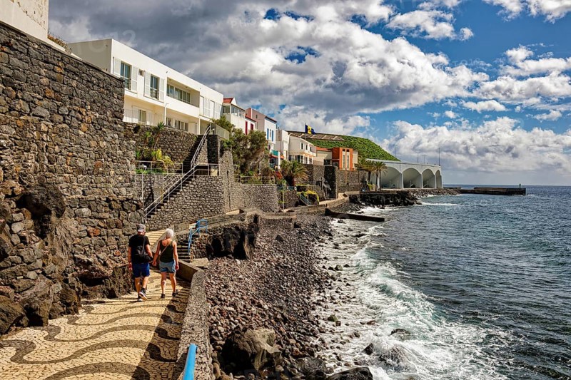 Promenade on the Atlantic Ocean beach, municipality of Santa Cruz, Madeira, Portugal, Europe