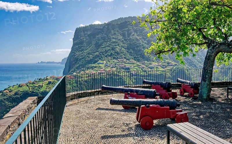 Fortress of Faial with cannons and view of the eagle rock, Penha d'Aguia, Miradouro do Fortim, Madeira, Portugal, Europe