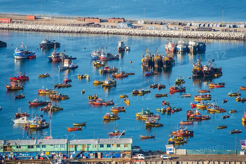 View from the Morro de Arica lookout mountain of the small colourful ships and boats in the fishing harbour, city of Arica, Chile, South America