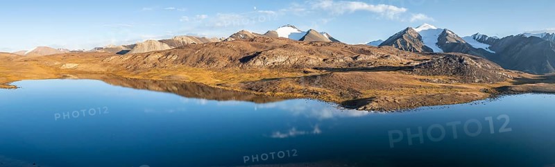 Aerial view, mountain peak and mountain lake, evening mood, Arabel Lake at Arabel Pass, Issyk Kul Province, Kyrgyzstan, Asia