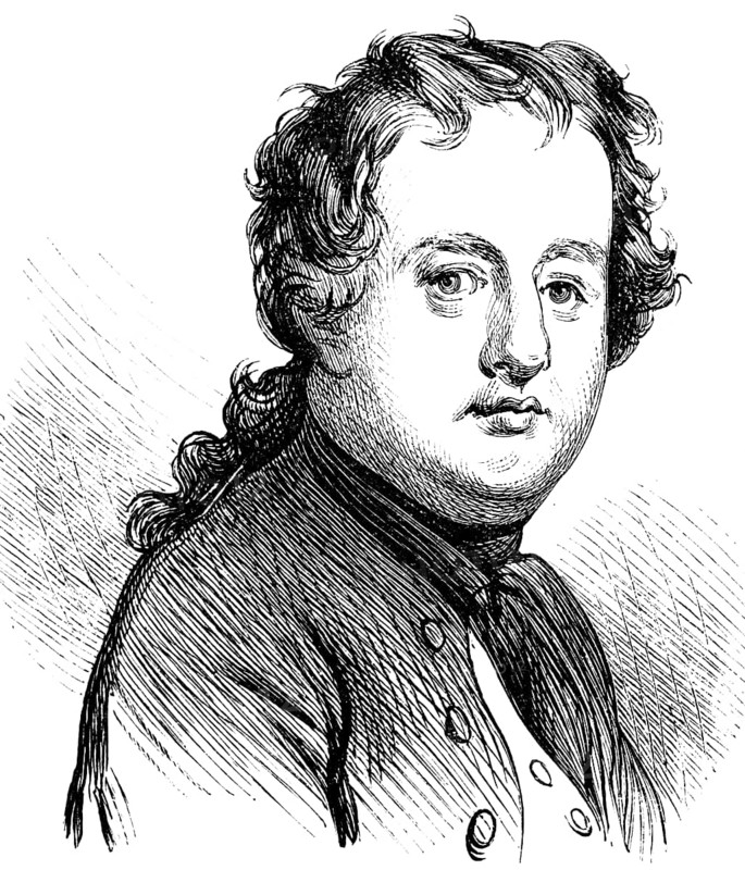 Portrait of Georg Wenzelaus von Knobelsdorff, architect of Sanssouci Palace, Silesian landed gentry, head, face, looking at the viewer, jacket, pigtail, man, Prussia, historical illustration 1882