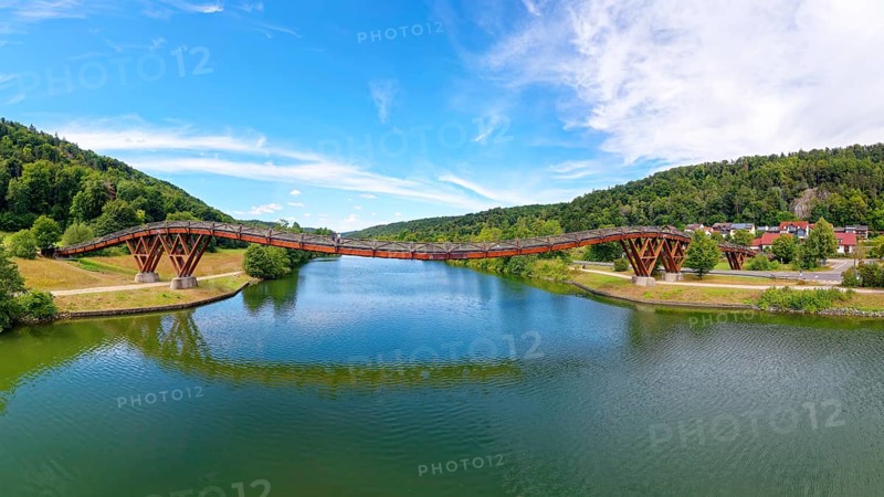 Aerial view, wooden span bridge, also called Tatzelwurm, 190 metres long, wooden bridge over Main-Danube Canal, Markt Essing, Altmühltal, Lower Bavaria, Bavaria, Germany, Europe
