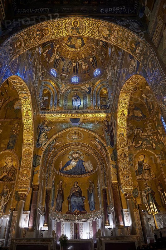 Medieval Byzantine style mosaics of the main aisle & altar, Palatine Chapel, Cappella Palatina, Palermo, Italy, Europe