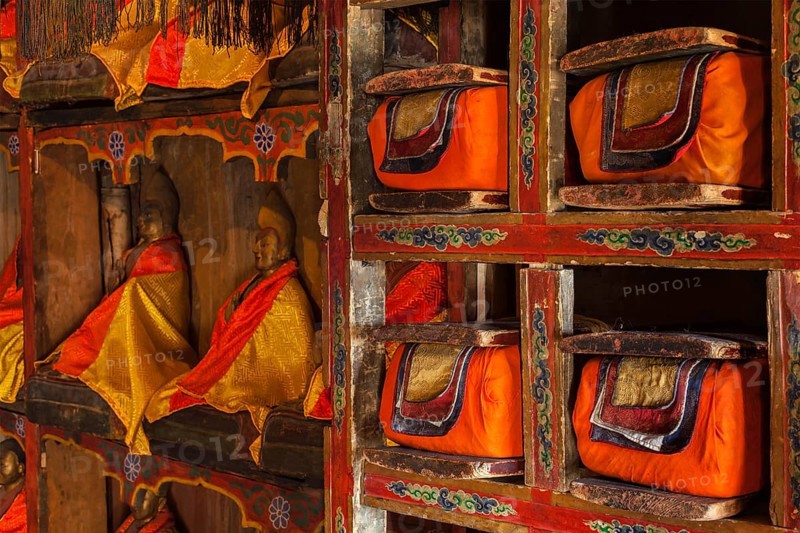 Folios of old manuscripts in library of Thiksey Gompa (Tibetan Buddhist Monastery) . Ladakh, India, Asia