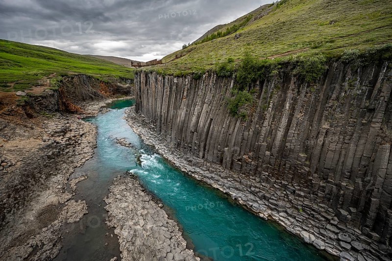 Stuðlagil Canyon, turquoise river between basalt columns, Egilsstadir, Iceland, Europe