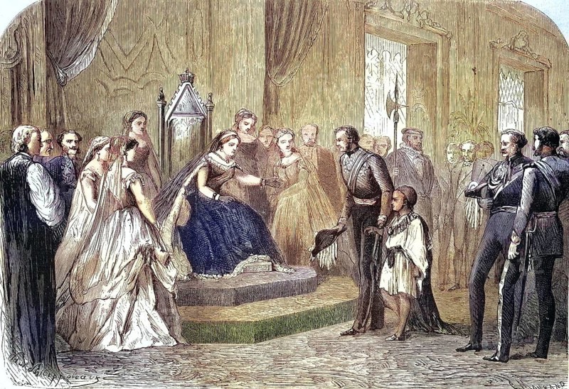 General Robert Napier presents the son of Negus Theodoros of Abyssinia to Queen Victoria of England, 1869, England, Historical, digitally restored reproduction of an original 19th century master, exact original date not known
