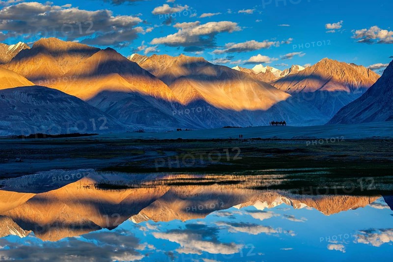 Himalayas on sunset with camel caravan. Hunber, Nubra valley, Ladakh, India, Asia