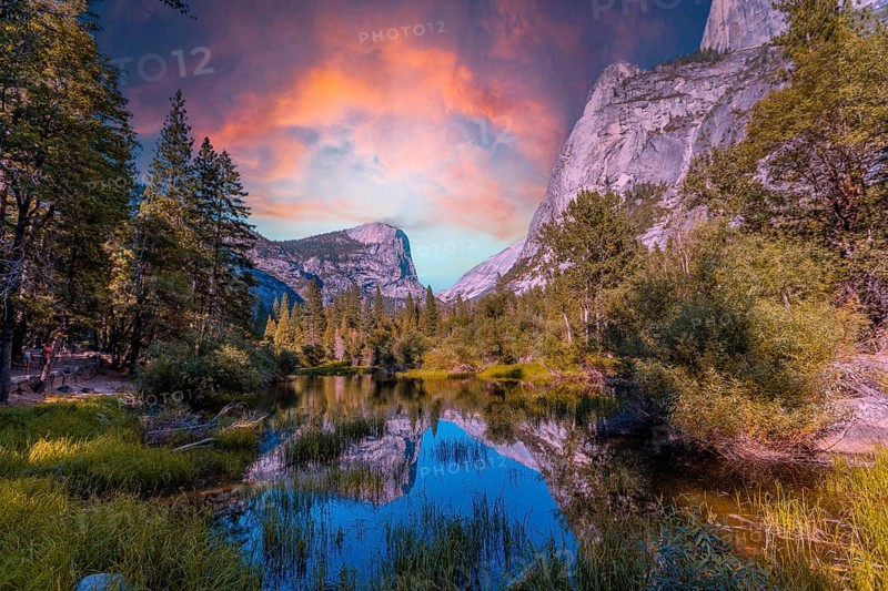Reflections in the water of the Yosemite Mountains at Mirror Lake at sunset, Yosemite. California, United States, North America