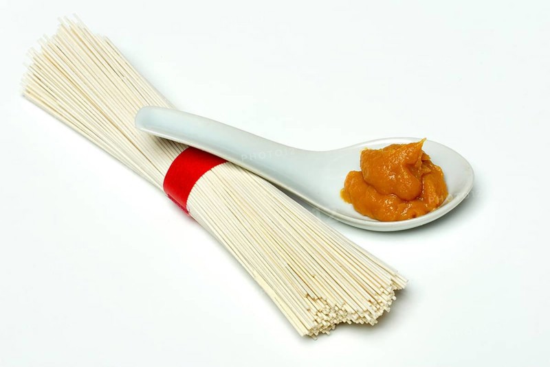 Noodles and light miso paste, paste, soy product, spoon, Japan, Asia
