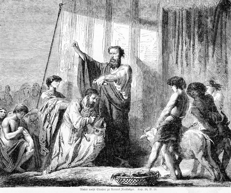 Moses consecrates Eleazar as Aaron's successor, Aaron, consecration, ceremony, group, kneeling, praying, pouring, cup, animals, Bible, Old Testament, Book of Moses, Chapter 20, Verse 28, historical illustration c. 1850