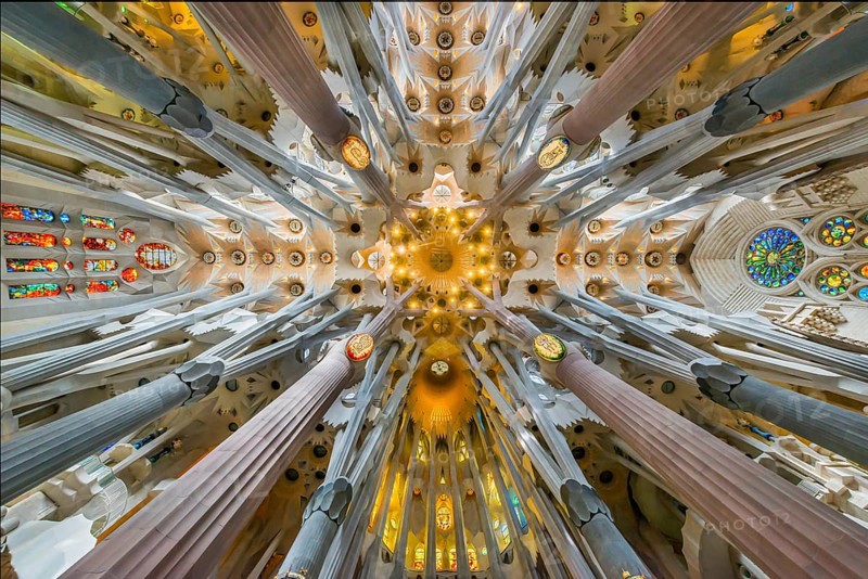 Interior of the Familia Sagrada, religion, Christianity, by the architect Antonio Gaudi in Barcelona, Spain, Europe