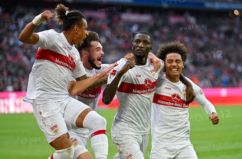 Goal celebrations for Enzo Millot VfB Stuttgart (08), Serhou Guirassy VfB Stuttgart (09), Lilian Egloff VfB Stuttgart (25), Juan Jose Perea VfB Stuttgart (11), Allianz Arena, Munich, Bavaria, Germany, Europe