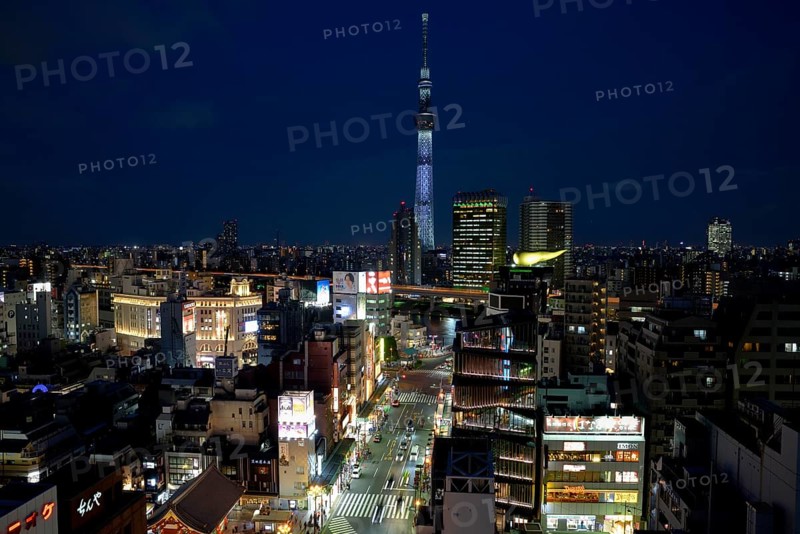 City view with the Skytree, with 634 meters the highest television tower of the earth, blue hour, Tokyo, Japan, Asia