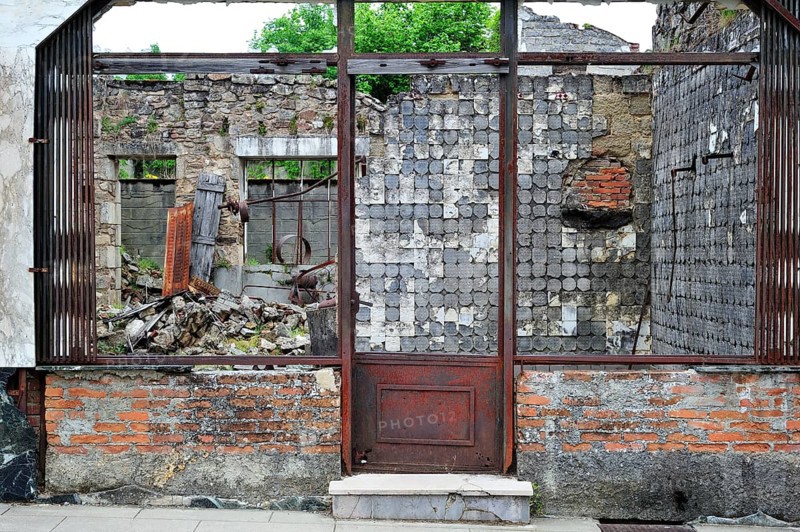 Burnt-out butcher's shop. The burnt village of Oradour-sur-Glane was destroyed on 10 June 1944 when 642 of its inhabitants, including woman and children, were massacred by a German Waffen SS company, Limousin, France, Europe