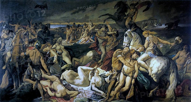 The Battle of the Amazons, a painting by the German painter Anselm Feuerbach, Saga of the Amazons in the Trojan War, Historical, digitally restored reproduction of a 19th century original, exact date unknown