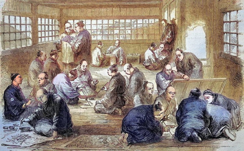 Art School, Men in a Painting School in Japan in 1869, Historic, digitally restored reproduction of a 19th century original