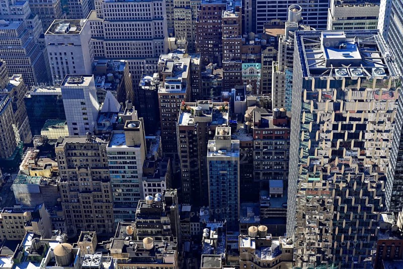 Viewing terrace of Rockefeller Center, overview of a dense collection of buildings and urban structure, Manhattan, New York City, New York, USA, North America