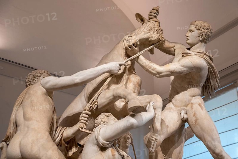 NAPLES, ITALY, MAY 06, 2022, Famous giant ancient Roman statue of the Farnese Bull in Naples, Italy, Europe