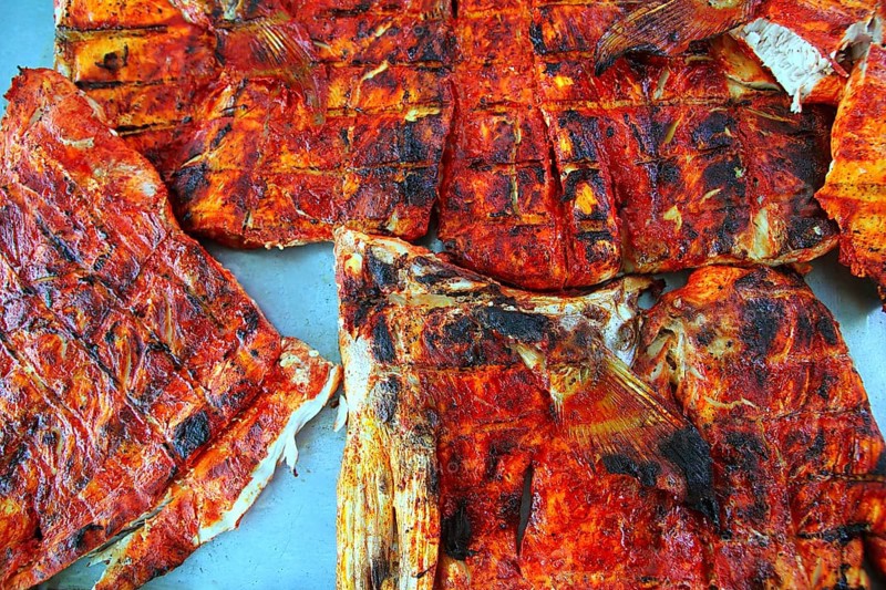 Grilled amberjack fish achiote tikinchick sauce Mayan recipe Mexico