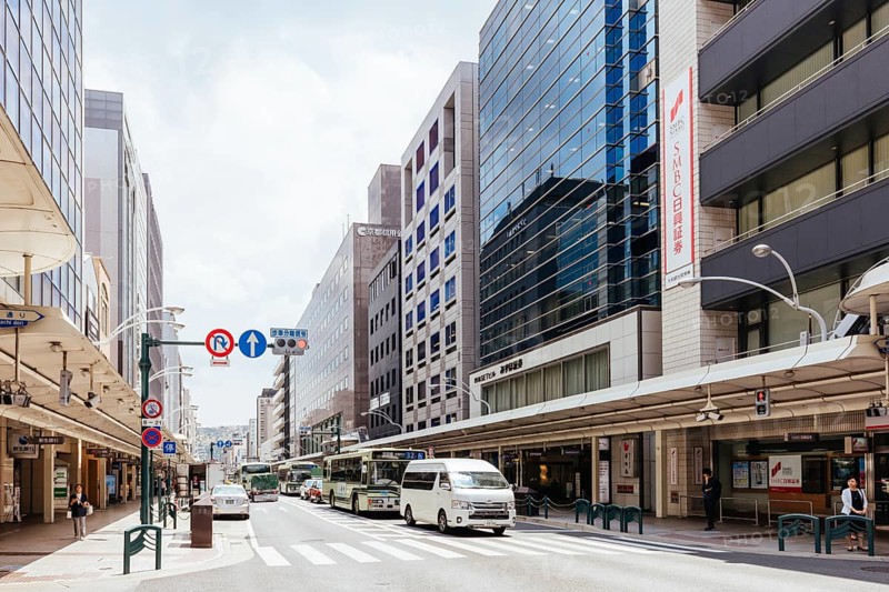 KYOTO, JAPAN - MAY 14, 2019: Modern streetscape during the day in Kyoto, Japan, Asia