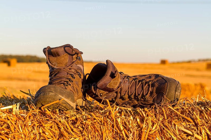 Hiking boots in the evening sun on a field