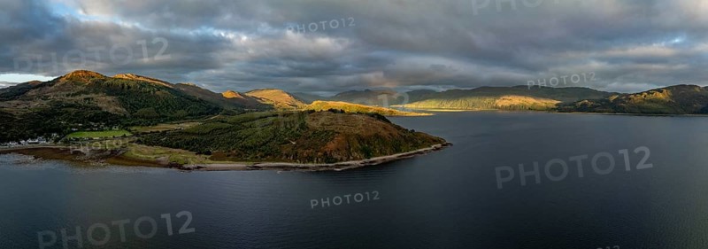 Evening mood at Loch Alsh with Tulach Ard hill, drone shot, Reraig, Kyle, Scotland, Great Britain
