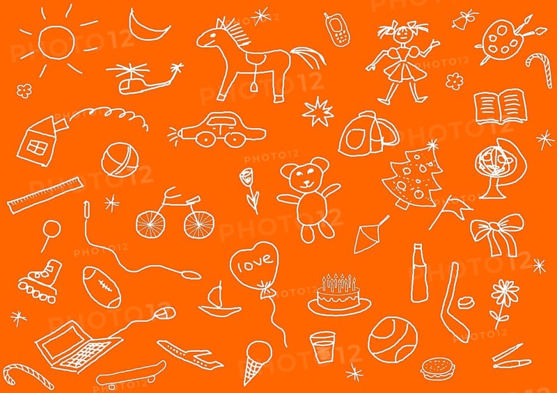 A set of various child's drawings over white